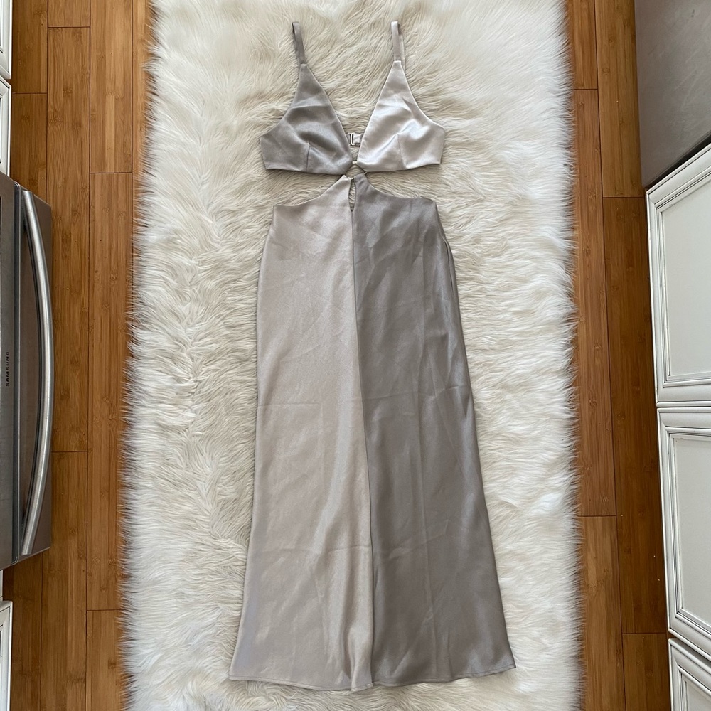 Bec + Bridge Stone Grey Satin Colorblock Felix V Cut Out Maxi Dress - Picture 2 of 14